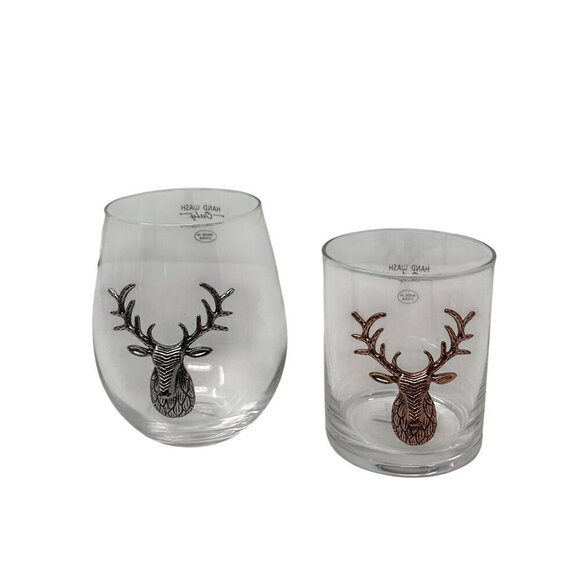 Deer Stemless Wine Glass Stag Bronze Silver Stag Icon Barware Gift Holiday - Picture 2 of 7